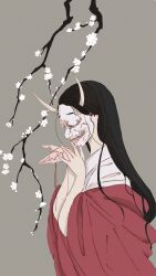  1girl black_hair branch commentary flower from_side gghost0627 grey_background hands_up hannya highres horns japanese_clothes kimono long_hair long_sleeves mask noh_mask oni original robe simple_background smile solo upper_body white_flower wide_sleeves 