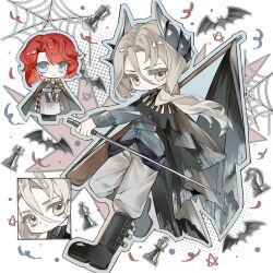  2girls bat_(animal) bishop_(chess) black_boots black_cape blue_eyes blue_jacket blue_shirt boots cape chess_piece chibi chibi_inset chinese_commentary commentary_request commission confetti deformed dress green_cape grey_eyes grey_hair gun hai_you_mingtian hair_ornament highres holding holding_sword holding_weapon jacket king_(chess) knight_(chess) long_hair looking_at_viewer marsha_(reverse:1999) multiple_girls pants queen_(chess) red_hair reverse:1999 rifle rook_(chess) sentinel_(reverse:1999) shirt short_hair silk spider_web standing standing_on_one_leg sword weapon white_dress white_pants 