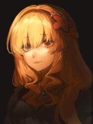  1girl black_background blonde_hair braid breasts flower green_eyes hair_flower hair_ornament highres long_hair makucrp medium_breasts monogatari_(series) oshino_shinobu princess_acerola red_eyes simple_background 