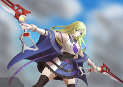  >:) 1girl absurdres assault_lily belt black_belt black_shirt black_thighhighs blonde_hair blue_jacket blue_sailor_collar blue_skirt blue_sky blurry blurry_background breasts clouds commentary cowboy_shot crop_top day debris detached_sleeves dual_wielding dutch_angle frilled_skirt frills hair_ornament hairclip hands_up highres holding holding_sword holding_weapon jacket kawabata_hotaru large_breasts long_hair looking_at_viewer miniskirt neckerchief odaiba_girls_high_school_uniform off_shoulder open_clothes open_jacket outdoors outstretched_arms pink_belt purple_neckerchief sailor_collar school_uniform serafuku shirt short_sleeves sideways_glance skirt sky solo spread_arms standing sword thigh-highs two-tone_skirt undershirt v-shaped_eyebrows violet_eyes weapon white_shirt yadoo zettai_ryouiki 