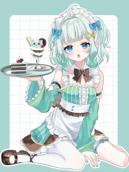  1girl ahoge black_bow black_shoes blue_bow blue_eyes blush bow cake cherry commentary densetsu.exe detached_sleeves dress food fruit gradient_hair green_hair green_sleeves hair_ornament highres hrk_itoshi ice_cream looking_at_viewer maid maid_headdress mint_fantome mint_fantome_(minto_2.0) multicolored_hair open_mouth pointy_ears shoes short_hair single_thighhigh sitting solo thigh-highs thigh_strap triangular_headpiece untranslatable_commentary virtual_youtuber white_hair white_thighhighs x_hair_ornament 