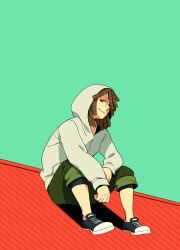  1boy black_shoes brown_hair capri_pants commentary_request converse doug_(gangsta) dreadlocks freckles gangsta green_pants hair_over_one_eye hood hood_up hoodie male_focus mikey_uo on_roof pants shoes sitting smile solo white_hoodie 