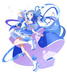  1girl ahoge aokaze_nana bare_shoulders blue_bow blue_bowtie blue_dress blue_gloves blue_hair blue_nails blue_ribbon blue_sleeves bow bowtie closed_mouth collar cure_wink detached_collar detached_sleeves dress fingerless_gloves footwear_bow full_body gloves hair_bun hair_ribbon hairband hand_on_own_head headset heart_hair_bun highres huge_ahoge idol_heart_brooch_(precure) kimi_to_idol_precure long_hair looking_at_viewer magical_girl multicolored_hair nail_polish one_eye_closed one_side_up plaid_ribbon precure purple_hair ribbon serizawa_serizane shoes simple_background single_hair_bun smile solo standing standing_on_one_leg strapless strapless_dress streaked_hair two-tone_hair very_long_hair violet_eyes watermark white_background white_collar white_hairband white_shoes 