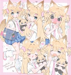  !? 1girl animal_ear_fluff animal_ears aqua_eyes bag bandaid bandaid_on_leg blonde_hair blue_skirt center-flap_bangs character_doll commission doll food-themed_hair_ornament fox_ears fox_girl fox_tail hair_ornament hair_scrunchie heart highres leg_warmers mole mooosikasite multiple_views musical_note necktie one_eye_closed open_mouth original pink_necktie plaid_clothes plaid_skirt pleated_skirt school_bag scrunchie shirt shoes short_sleeves skeb_commission skirt sleepy smile spoken_heart spoken_musical_note strawberry_hair_ornament tail two_side_up white_leg_warmers white_shirt white_shoes x_hair_ornament yawning 