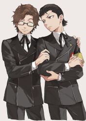  2boys armband black_hair black_jacket black_pants black_ribbon brown_hair closed_eyes closed_mouth commentary_request cropped_legs crossed_arms dress_shirt facing_viewer gekkoukan_high_school_uniform hair_slicked_back hand_on_another's_arm hand_on_another's_hip hiraga_keisuke isa_(peien516) jacket looking_at_another male_focus multiple_boys neck_ribbon odagiri_hidetoshi pants persona persona_3 rectangular_eyewear ribbon school_uniform semi-rimless_eyewear shirt short_hair short_sideburns sideburns simple_background standing white_background white_shirt yellow_armband 