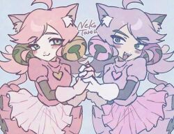  2girls :3 ahoge animal_ear_fluff animal_ears bell cat_ears cat_girl cat_tail closed_mouth commentary deltarune dress fang ghost_pink_(deltarune) gloves green_eyes hair_bell hair_ornament heart heart_necklace holding_hands interlocked_fingers jewelry long_hair mad_mew_mew multiple_girls necklace nekotarou_(nekotaro_woohoo) open_mouth pink_dress pink_hair purple_dress purple_hair signature smile tail thick_eyebrows twintails untranslatable_commentary utdr_(toby_fox) white_gloves 