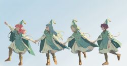  4girls agott_arklaum_(tongari_boushi_no_atelier) aqua_cloak aqua_hat blue_hair boots brown_boots brown_shoes cloak closed_eyes coco_(tongari_boushi_no_atelier) conical_hat curly_hair green_hair hat hat_tassel highres holding_hands long_hair medium_hair multiple_girls pink_hair pointing pointing_up purple_hair qifrey's_atelier_apprentice_uniform richeh_(tongari_boushi_no_atelier) shoes short_hair smile tetia_(tongari_boushi_no_atelier) tongari_boushi_no_atelier wizard_hat zaerxa 