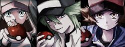  1girl 2boys backwards_hat baseball_cap blue_eyes blue_jacket brown_eyes brown_hair green_eyes green_hair hat highres hilbert_(pokemon) hilda_(pokemon) holding holding_poke_ball jacket madai_(si_202) multiple_boys n_(pokemon) poke_ball poke_ball_(basic) poke_ball_print pokemon pokemon_black_and_white zipper_pull_tab 