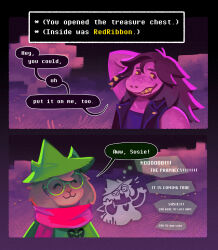 1boy 1girl arm_behind_head armlet closed_eyes closed_mouth commentary crying deltarune english_commentary english_text fangs floppy_ears furry furry_female furry_male green_hat green_robe grin hat highres jewelry looking_to_the_side magentasnail pink_hair pink_scarf ralsei ralsei_(hat) robe scarf smile speech_bubble spiked_armlet susie_(dark_world)_(deltarune) susie_(deltarune) thought_bubble utdr_(toby_fox) video_game_dialogue_box witch_hat 