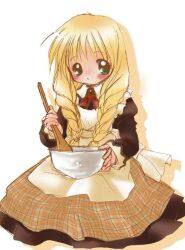 1girl 2000s_(style) apron black_dress blonde_hair blush bow bowl bowtie braid brown_skirt closed_mouth commentary_request cowboy_shot dress green_eyes holding holding_bowl holding_spoon looking_at_viewer one_-_kagayaku_kisetsu_e plaid_clothes plaid_skirt red_bow red_bowtie satomura_akane simple_background skirt solo spoon todoemon twin_braids white_apron white_background 
