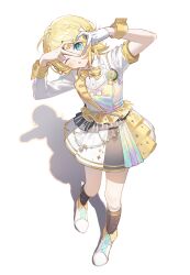  1girl :o asymmetrical_clothes award_ribbon black_socks bow braid commentary four-finger_heart_hands gloves hair_bow hair_ornament heart heart_hands highres iridescent_clothes kagamine_rin layered_skirt long_sleeves makka_potato more_more_jump!_rin multicolored_skirt musical_note one_eye_closed project_sekai shadow shirt shoes short_sleeves side_braid simple_background skirt socks solo sparkle sparkle_print untranslatable_commentary vocaloid white_background white_gloves white_shirt white_shoes wrist_cuffs 