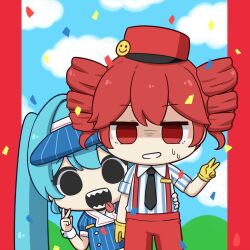  2girls :d black_eyes black_necktie blue_dress blue_hair blue_hat blue_shirt chibi chibi_only clouds collared_shirt commentary_request confetti double-parted_bangs dress drill_hair gloves hand_up hat hatsune_miku highres jitome kasane_teto long_hair looking_at_viewer mesmerizer_(vocaloid) multiple_girls necktie nukotun open_mouth outside_border pants pillarboxed red_eyes red_hair red_hat red_pants sharp_teeth shirt short_hair short_sleeves smile striped_clothes striped_dress striped_shirt suspenders sweat teeth tongue tongue_out twin_drills twintails upper_body utau v vertical-striped_clothes vertical-striped_dress vertical-striped_shirt visor_cap vocaloid yellow_gloves 
