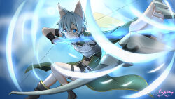  1girl animal_ears armor arrow_(projectile) black_hair blue_eyes bow_(weapon) breastplate chest_guard highres holding holding_arrow looking_at_viewer muneate mysteryctu navel short_hair sinon sinon_(sao-alo) sword_art_online weapon 