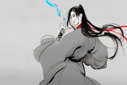  1boy between_fingers black_hair black_hanfu blue_fire chinese_clothes fire floating_hair from_behind glassbearer grandmaster_of_demonic_cultivation grey_background greyscale hair_ribbon hand_up hanfu holding holding_ofuda long_hair long_sleeves looking_at_viewer looking_back magic male_focus monochrome ofuda ofuda_between_fingers ponytail red_ribbon ribbon robe simple_background sleeves_past_wrists solo spot_color upper_body very_long_hair wei_wuxian wide_sleeves wind 