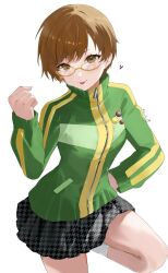  1girl artist_name badge brown_eyes brown_hair button_badge commentary_request glasses green_jacket highres jacket konchi_(63438789) looking_at_viewer persona persona_4 persona_4_revival satonaka_chie school_uniform short_hair skirt socks tongue tongue_out track_jacket white_socks yasogami_school_uniform zipper 