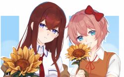  2girls absurdres blue_eyes bow brown_hair collared_shirt commentary doki_doki_literature_club english_commentary flower grin hair_bow highres holding holding_flower jacket long_hair looking_at_viewer makise_kurisu multiple_girls necktie pink_hair red_bow red_necktie ribbon sayori_(doki_doki_literature_club) science_adventure shirt short_hair smile steins;gate sunflower upper_body violet_eyes white_shirt yukiooromi 