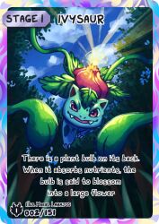  artist_name blue_sky bud card_(medium) character_name charburst clouds day english_text fangs full_body glowing grass ivysaur leaf light_rays midair no_humans nostrils open_mouth outdoors plant pokedex_number pokemon pokemon_(creature) pokemon_card pokemon_focus pokemon_tcg red_eyes sky smile solo tree vines 