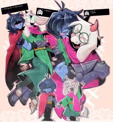  1boy 1other absurdres armor blush closed_eyes deltarune english_commentary fangs floppy_ears from_behind green_robe highres horns hug kris_(dark_world)_(deltarune) kris_(deltarune) open_mouth other_with_male pink_horns pink_scarf ralsei red_eyes robe round_eyewear scarf skin_fangs smile utdr_(toby_fox) video_game_dialogue_box white_fur wide-eyed zorymochuu 