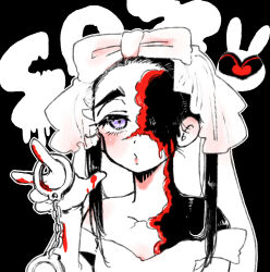  1girl alien_stage bcatbcat bow commentary cuffs dress hair_bow handcuffs heart highres holding holding_handcuffs off-shoulder_dress off_shoulder official_alternate_costume puckered_lips solo sua_(alien_stage) thick_eyebrows veil violet_eyes zombie_stage 