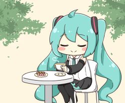  1girl ahoge aqua_hair blush_stickers chair chibi chibi_only closed_eyes closed_mouth commentary_request cup detached_sleeves double-parted_bangs full_body hatsune_miku holding holding_cup leaf long_hair neck_ribbon nukotun on_chair ribbon round_table saucer shirt sitting sleeveless sleeveless_shirt smile solo table teacup twintails very_long_hair vocaloid white_shirt 
