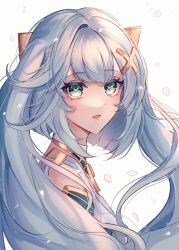  1girl absurdres abyss_of_alyss aqua_pupils blue_pupils center-flap_bangs clothing_cutout commentary cowlick dress eyelashes falling_petals faruzan_(genshin_impact) from_side genshin_impact gold green_eyes hair_ornament highres long_hair looking_at_viewer mismatched_pupils parted_lips petals red_lips shoulder_cutout single_hair_intake solo twintails white_background white_dress white_hair white_mouth white_petals x_hair_ornament 