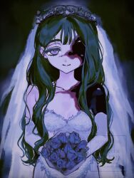  1girl alien_stage alternate_costume bare_shoulders black_hair blue_flower blue_rose bouquet breasts bridal_veil closed_mouth commentary dress elbow_gloves english_commentary flower gloves grey_dress grey_gloves hair_flower hair_ornament heart heart-shaped_pupils highres holding holding_bouquet long_hair rose smile solo strapless strapless_dress sua_(alien_stage) symbol-shaped_pupils thick_eyebrows veil very_long_hair watermark wedding_dress wm_q zombie_stage 