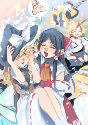  6+girls absurdres alice_margatroid apron ascot black_hair black_skirt black_vest blonde_hair blue_eyes blue_skirt blue_tabard blush bow braid camera carrying carrying_person closed_eyes commentary_request detached_sleeves frilled_bow frilled_hair_tubes frills hair_bow hair_tubes hakurei_reimu hat hat_bow hat_ribbon highres holding holding_camera horns hoshiguma_yuugi kirisame_marisa long_hair mob_cap multiple_girls oni open_mouth princess_carry purple_tabard red_bow red_horns red_skirt ribbon ribbon-trimmed_sleeves ribbon_trim shameimaru_aya shi_chimi shirt side_braid single_braid single_horn skirt skirt_set sweatdrop tabard touhou very_long_hair vest waist_apron white_bow white_shirt witch_hat yakumo_ran yakumo_yukari yellow_ascot yellow_eyes yuri 