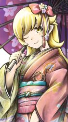  1girl blonde_hair breasts closed_mouth commentary_request dress flower hair_ornament highres holding holding_umbrella japanese_clothes kimono long_hair looking_at_viewer monogatari_(series) one_eye_closed oshino_shinobu pointy_ears simple_background smile tsukihi_shida umbrella vampire yellow_eyes 