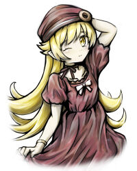  1girl blonde_hair closed_mouth commentary_request doughnut dress food hat highres holding_own_dress long_hair looking_at_viewer monogatari_(series) necktie official_alternate_costume one_eye_closed oshino_shinobu pointy_ears red_dress simple_background smile tsukihi_shida vampire yellow_eyes 