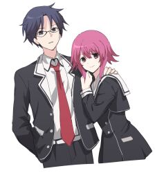  1boy 1girl black_dress black_jacket blazer blue_eyes blue_hair blue_trim chaos;child commentary_request cropped_jacket dress dress_shirt glasses hand_in_pocket highres hug hug_from_side jacket korean_commentary lapels miyashiro_takuru necktie nekwnek notched_lapels onoe_serika open_clothes open_jacket pink_hair red_eyes red_necktie sailor_collar science_adventure shirt shirt_tucked_in 