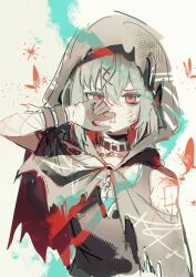  1girl bare_shoulders black_choker blood choker cloak colored_inner_hair commentary_request grey_hair hair_ornament hand_on_own_face looking_at_viewer mahou_shoujo_no_majo_saiban mirage_mnsb multicolored_hair nosebleed open_mouth red_eyes shito_alisa simple_background sketch solo torn_cloak torn_clothes x_hair_ornament 