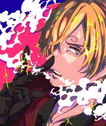  1boy 3110_1951 blonde_hair blue_eyes cigar cigarette commentary curly_eyebrows exhaling_smoke facial_hair goatee hair_over_one_eye highres holding holding_cigarette male_focus mustache_stubble one_piece sanji_(one_piece) smoke smoke_trail smoking solo stubble untranslatable_commentary 