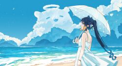  1girl aoki_chiaki bare_shoulders beach blue_sky clouds cloudy_sky commentary cowboy_shot day dress from_side hair_flaps highres holding holding_umbrella hololive hololive_english light_particles looking_afar moon ninomae_ina'nis ocean outdoors parasol ponytail purple_hair sand scenery sky solo sundress surf takodachi_(ninomae_ina'nis) tentacle_hair umbrella virtual_youtuber water wide_shot 