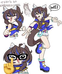  2girls absurdres animal_ears bad_id bad_twitter_id black-framed_eyewear blue_boots blue_hair blue_shirt boots brown_hair chigyudoomer chudjak daitaku_helios_(fun_fun_party_night)_(umamusume) daitaku_helios_(umamusume) double_gyaru_v ear_covers english_text full_body glasses gyaru_v hair_ornament highres horse_ears horse_girl horse_tail long_hair looking_at_viewer manhattan_cafe_(umamusume) multicolored_hair multiple_girls multiple_views navel nerd_emoji one_eye_closed one_side_up open_mouth shirt shorts simple_background smile solo_focus standing standing_on_one_leg star_(symbol) star_hair_ornament sticker sticker_on_face t-shirt tail tied_shirt two-tone_hair umamusume v white_background white_shorts yellow_eyes 