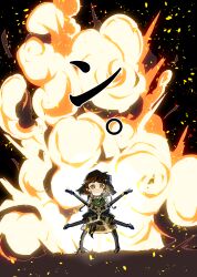  1girl \n/ black_background black_coif black_pantyhose black_skirt blue_shirt brown_hair closed_mouth coppelia_(reverse:1999) crossed_arms dot_mouth explosion explosion_background full_body green_eyes highres instrument legs_apart looking_at_viewer pantyhose reverse:1999 shirt skirt solo standing translation_request ziyunshanding 