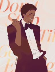  1boy absurdres afro black_bow black_bowtie black_hair blush bow bowtie closed_eyes commentary cowboy_shot dark-skinned_male dark_skin don't_stop_'til_you_get_enough highres male_focus michael_jackson real_life sea_sebi shirt_tucked_in short_hair smile solo song_name 