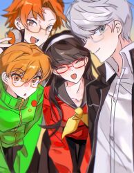  2boys 2girls aaafiree amagi_yukiko black_hair black_jacket brown_hair commentary_request gakuran glasses grey_eyes grey_hair hanamura_yousuke jacket multiple_boys multiple_girls narukami_yu persona persona_4 persona_4_revival round_eyewear satonaka_chie school_uniform short_hair smile yasogami_school_uniform 