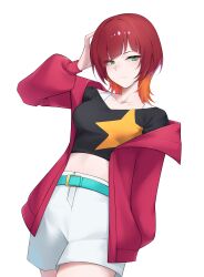  1girl absurdres aqua_belt belt black_shirt breasts collarbone cowboy_shot crop_top digimon digimon_beatbreak green_eyes hand_in_own_hair high-waist_shorts highres jacket jacket_partially_removed leaning_back light_smile medium_breasts midriff multicolored_hair open_clothes open_jacket orange_hair red_hair red_jacket sakuya_reina shirt short_hair shorts sideways_glance single_off_shoulder solo star_(symbol) star_print two-tone_hair white_shorts zigma_s 