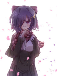  1girl aoi_tori_(purple_software) black_capelet black_hair black_jacket black_skirt blush bow breasts buttons capelet center_frills checkered_clothes checkered_scarf cherry_blossoms closed_mouth commentary cowboy_shot crescent crescent_hair_ornament double-breasted falling_petals finger_to_mouth frilled_shirt frills fringe_trim hair_bow hair_intakes hair_ornament hair_over_one_eye hand_up highres huge_bow index_finger_raised jacket kurosaki_sayo large_breasts long_bangs looking_at_viewer one_eye_covered petals pleated_skirt purple_bow red_eyes red_scarf scarf school_uniform shirt simple_background skirt smile solo utuigawa white_background 