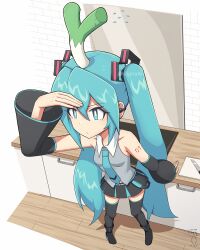  1girl arm_up bare_shoulders black_boots black_skirt black_sleeves black_thighhighs blue_eyes blue_hair blue_necktie boots bright_pupils closed_mouth collared_shirt commentary_request detached_sleeves digiral double-parted_bangs food food_on_head full_body grey_shirt hair_between_eyes hatsune_miku hatsune_miku_(vocaloid6) highres indoors long_hair long_sleeves miniskirt necktie number_tattoo object_on_head shirt shoulder_tattoo skirt sleeveless sleeveless_shirt solo spring_onion standing tattoo thigh-highs twitter_username very_long_hair vocaloid white_pupils wide_sleeves wooden_floor zettai_ryouiki 