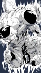  1boy 2boys alien blue_eyes colored_skin commentary_request dragon_ball dragon_ball_z frieza greyscale highres monochrome multiple_boys muscular muscular_male nishitakuart open_mouth red_eyes saiyan son_goku super_saiyan tail white_skin 
