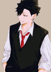  1boy 8amidori_rn adam's_apple black_hair black_pants black_vest collared_shirt commentary_request cowboy_shot formal_clothes haikyuu!! hair_over_one_eye highres kuroo_tetsurou looking_to_the_side male_focus necktie open_collar pants parted_lips red_necktie shirt short_hair short_sideburns sideburns sideways_glance simple_background sleeves_rolled_up smile solo spiky_hair very_short_hair vest white_shirt wing_collar 