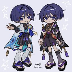  2boys aqua_gem arm_at_side armor arms_at_sides artist_name belt black_belt black_bodysuit black_bow black_bridal_gauntlets black_hair black_kimono black_sandals black_shorts black_sleeves blue_cape blue_kimono blue_sleeves blue_trim blunt_ends bodysuit bow bridal_gauntlets cape choppy_bangs closed_mouth commentary_request dual_persona eyeliner feathers full_body furisode furrowed_brow gem genshin_impact gold gold_ring grey_background grey_pupils hair_intakes hakama hakama_shorts hand_on_own_hip hand_up highres japanese_armor japanese_clothes jewelry juban kimono kote kurokote layered_shorts layered_sleeves leg_warmers light_frown looking_at_viewer makeup mandarin_collar middle_ring mitsudomoe_(shape) multicolored_hair multiple_boys neck_ring nonoji_(nonoji_ekaki) o-ring open_clothes open_hand open_kimono open_mouth pleated_shorts pom_pom_(clothes) purple_hair purple_rope purple_sash purple_shorts purple_sleeves red_eyeliner red_kimono red_sash ringed_eyes rope sandals sash scaramouche_(genshin_impact) shimenawa short_sleeves shorts shoulder_peek side_cape single_sode stirrup_legwear streaked_hair tassel toeless_legwear toes tomoe_(symbol) tsurime violet_eyes wanderer_(genshin_impact) white_hair white_kimono white_leg_warmers white_mouth white_rope white_sleeves yellow_feathers zouri 