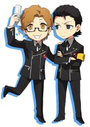  2boys armband black-framed_eyewear black_hair black_jacket black_pants black_ribbon black_shoes cellphone closed_mouth commentary_request crossed_arms deformed dress_shirt flip_phone full_body gekkoukan_high_school_uniform hair_slicked_back hiraga_keisuke holding holding_phone isa_(peien516) jacket looking_at_another male_focus multiple_boys neck_ribbon odagiri_hidetoshi pants persona persona_3 phone rectangular_eyewear ribbon school_uniform semi-rimless_eyewear shirt shoes short_hair simple_background standing under-rim_eyewear white_background white_shirt yellow_armband 