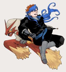  1boy absurdres beak blaziken blue_eyes blue_hair boots claws colored_sclera commentary_request furry gokuraku_(madan_no_ichi) highres hood hooded_jacket hoodie jacket long_hair looking_at_viewer madan_no_ichi mechanical_arms multicolored_hair open_mouth pokemon pokemon_(creature) shirt smile tomori_(inoutomori) yellow_sclera 