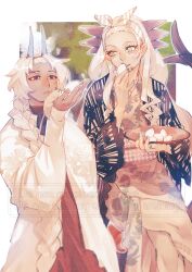  1boy 1girl animal_on_hand arjuna_(fate) arjuna_alter_(fate) arjuna_alter_(over_the_same_sky)_(fate) border braid commentary_request crossed_legs dark_skin dragon_boy dragon_horns dragon_tail eating fate/grand_order fate_(series) food hairband highres holding holding_food horns japanese_clothes kimono long_hair long_sleeves looking_at_another mouse_(animal) neko_mori obi sash single_braid sitting tail vritra_(fate) vritra_(over_the_same_sky)_(fate) wagashi white_border white_hair yellow_eyes 