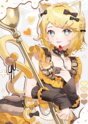  1girl :3 :d absurdres animal_ear_fluff animal_ears black_bow black_dress black_sleeves blonde_hair blue_eyes bow braid cat_ears cat_tail character_name commentary detached_sleeves dress food fork frilled_dress frills fruit fur_trim hair_bow hair_ornament hairclip heart highres holding holding_spoon kagamine_rin light_blush looking_at_viewer makka_potato multicolored_dress open_mouth orange_dress orange_nails orange_trim oversized_spoon parallel_hairclips paw_hair_ornament paw_in_eye paw_print short_hair side_braid smile solo spoon strawberry tail untranslatable_commentary vocaloid 