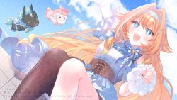  1girl :d black_nails blue_eyes blue_hairband blue_sky blush breasts brown_pantyhose clouds commentary_request commission day dutch_angle feet_out_of_frame fingernails hair_between_eyes hairband highres ittokyu long_fingernails medium_breasts nail_polish orange_hair outdoors outstretched_arm pantyhose shirt short_sleeves single_leg_pantyhose sitting skirt sky smile solo specialite_(company) teion_kasane underbust virtual_youtuber white_shirt white_skirt wrist_cuffs 