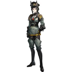  aiguillette arknights black_boots black_gloves black_hair black_pantyhose boots breasts brown_eyes chest_harness dobermann_(arknights) dobermann_(lieutenant)_(arknights) dog_girl epaulettes full_body game_asset gloves grey_jacket grey_pants hand_in_pocket harness hat highres jacket kazimierz_logo knee_boots long_hair looking_at_viewer low_ponytail medium_breasts military_uniform necktie official_art pants pantyhose peaked_cap ponytail short_eyebrows sidelocks simple_background suspender_pants tachi-e third-party_source transparent_background underbust 