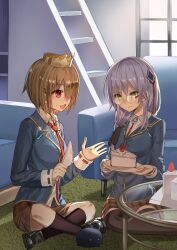  2girls absurdres birthday_cake brown_hair cake cake_slice closed_mouth commentary couch crossed_legs crown food food_on_face fruit glasses green_eyes hair_ornament hairclip heaven_burns_red highres holding holding_knife holding_plate icing icing_on_face izumi_yuki kayamori_ruka kitchen_knife knife kr_woyue long_hair multiple_girls narby_(heaven_burns_red) on_floor on_ground open_mouth plate purple_hair red_eyes school_uniform short_hair sitting_sideways strawberry untranslatable_commentary 